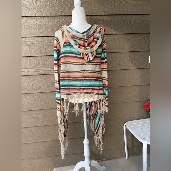 Striped Boho Hooded Cardigan Sweater Fringe - Picture 2 of 5